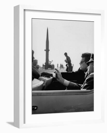 Pres. John F. Kennedy W. Gen. Paul Adams, During Tour of a Pershing Missile at Fort Bragg-null-Framed Photographic Print