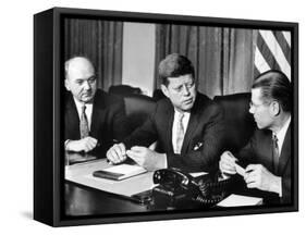 Pres. John F. Kennedy with Dean Rusk and Robert S. Mcnamara-null-Framed Stretched Canvas