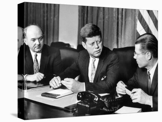 Pres. John F. Kennedy with Dean Rusk and Robert S. Mcnamara-null-Stretched Canvas