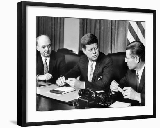 Pres. John F. Kennedy with Dean Rusk and Robert S. Mcnamara-null-Framed Photographic Print