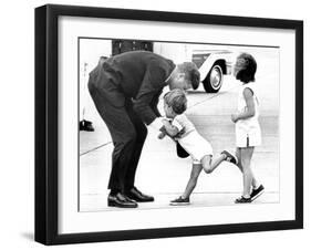 Pres John Kennedy and Children, John Jr and Caroline at Squaw Island, Massachusetts, Aug 23, 1963-null-Framed Photo