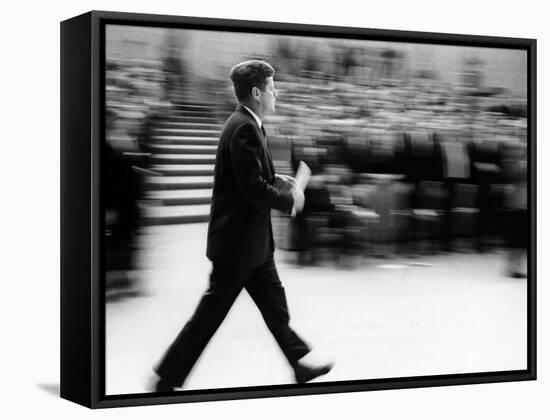 Pres John Kennedy Walking Fast after Press Conference in State Department Auditorium, Mar 11, 1963-null-Framed Stretched Canvas