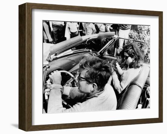 Pres Kennedy Drives an Open Car in Newport, Rhode Island-null-Framed Photo