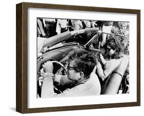 Pres Kennedy Drives an Open Car in Newport, Rhode Island-null-Framed Photo