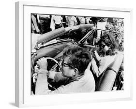 Pres Kennedy Drives an Open Car in Newport, Rhode Island-null-Framed Photo