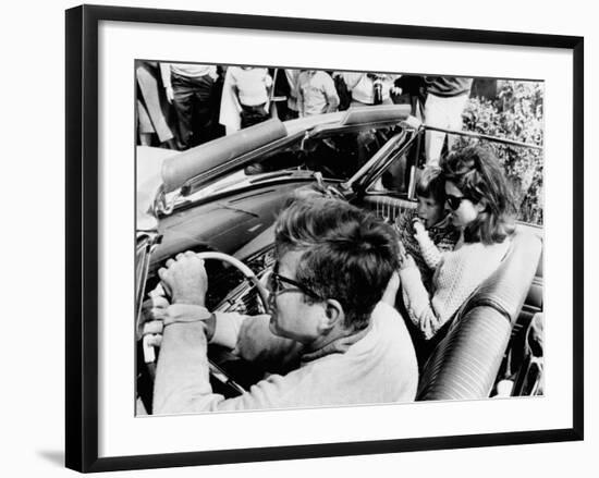 Pres Kennedy Drives an Open Car in Newport, Rhode Island-null-Framed Photo