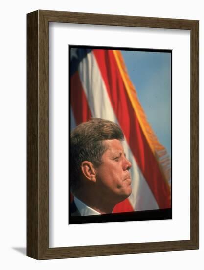 Pres. Kennedy in Front of American Flag, Attending Dedication of Trinity River Whiskeytown Dam-Art Rickerby-Framed Photographic Print