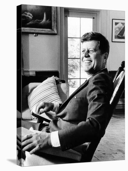 Pres Kennedy Sits in Rocking Chair in Oval Office of White House on 46th Birthday, May 29, 1963-null-Stretched Canvas
