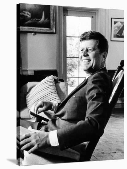 Pres Kennedy Sits in Rocking Chair in Oval Office of White House on 46th Birthday, May 29, 1963-null-Stretched Canvas