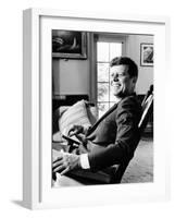 Pres Kennedy Sits in Rocking Chair in Oval Office of White House on 46th Birthday, May 29, 1963-null-Framed Photo