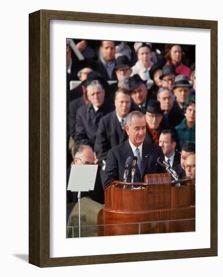 Pres. Lyndon Johnson Speaking at His Inauguration-null-Framed Photographic Print