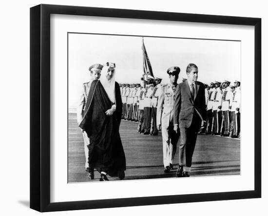 Pres Richard Nixon and King Faisel Review During Arrival Ceremonies, Saudi Arabia, Jun 15, 1974-null-Framed Photo