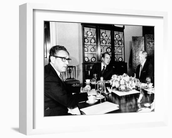 Pres Richard Nixon, Secy of State William Rogers and Henry Kissinger at Breakfast Meeting-null-Framed Photo