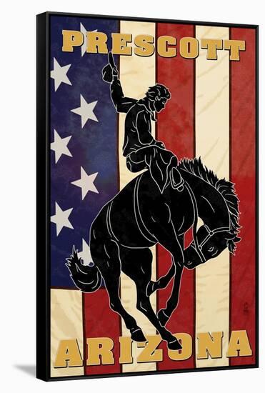 Prescott, Arizona - Bronco Bucking and Flag-Lantern Press-Framed Stretched Canvas