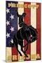 Prescott, Arizona - Bronco Bucking and Flag-Lantern Press-Mounted Art Print