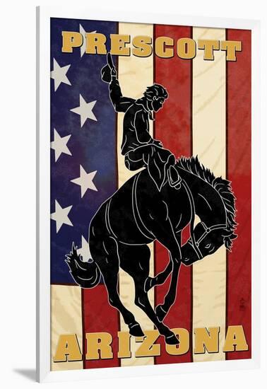 Prescott, Arizona - Bronco Bucking and Flag-Lantern Press-Framed Art Print