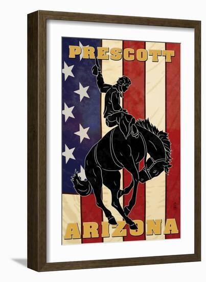 Prescott, Arizona - Bronco Bucking and Flag-Lantern Press-Framed Art Print