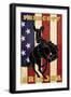 Prescott, Arizona - Bronco Bucking and Flag-Lantern Press-Framed Art Print