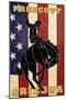 Prescott, Arizona - Bronco Bucking and Flag-Lantern Press-Mounted Art Print
