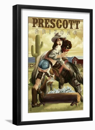 Prescott, Arizona - Cowgirl Pinup-Lantern Press-Framed Art Print