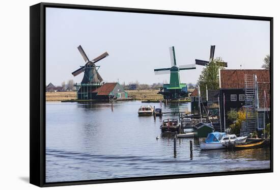 Preserved Historic Windmills and Houses in Zaanse Schans-Amanda Hall-Framed Stretched Canvas