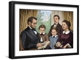 President Abraham Lincoln and His Family Reading a Book in the White House-null-Framed Giclee Print