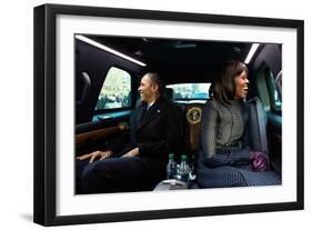 President Barack Obama and First Lady Michelle Obama Ride in the Inaugural Parade-null-Framed Premium Photographic Print