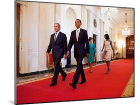 President Barack Obama and First Lady Michelle Obama Walk with Former President George W Bush-null-Mounted Photo