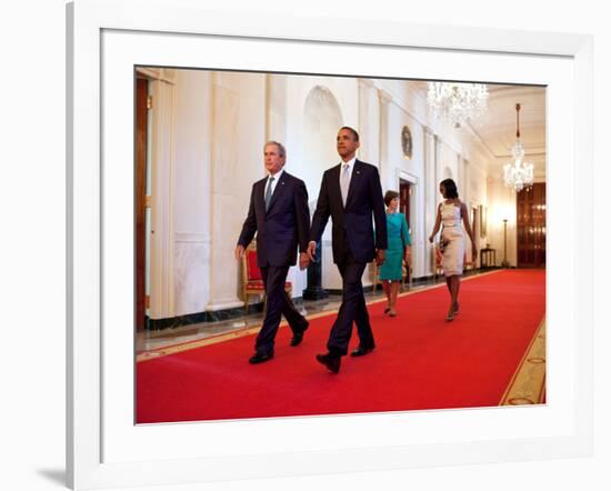 President Barack Obama and First Lady Michelle Obama Walk with Former President George W Bush-null-Framed Photo