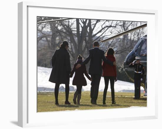 President Barack Obama anf Family Walk on the South Lawn of the White House in Washington-null-Framed Photographic Print