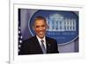 President Barack Obama at a News Conference, Brady Press Briefing Room-Dennis Brack-Framed Photographic Print