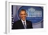 President Barack Obama at a News Conference, Brady Press Briefing Room-Dennis Brack-Framed Photographic Print