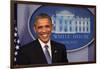 President Barack Obama at a News Conference, Brady Press Briefing Room-Dennis Brack-Framed Photographic Print