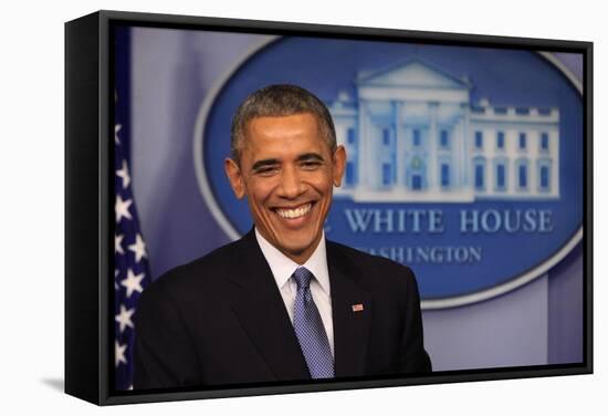 President Barack Obama at a News Conference, Brady Press Briefing Room-Dennis Brack-Framed Stretched Canvas