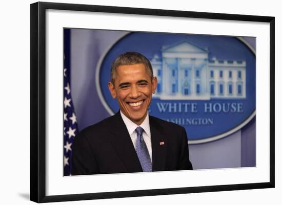 President Barack Obama at a News Conference, Brady Press Briefing Room-Dennis Brack-Framed Photographic Print