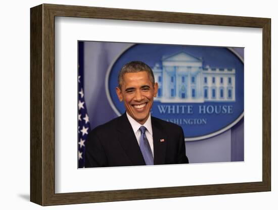 President Barack Obama at a News Conference, Brady Press Briefing Room-Dennis Brack-Framed Photographic Print