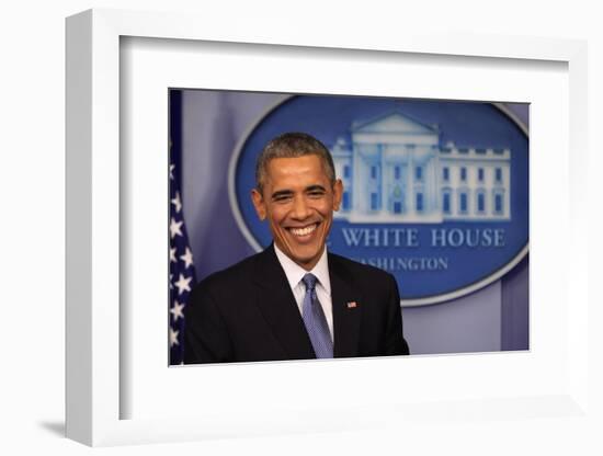 President Barack Obama at a News Conference, Brady Press Briefing Room-Dennis Brack-Framed Photographic Print