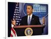 President Barack Obama at a News Conference, Brady Press Briefing Room-Dennis Brack-Framed Photographic Print