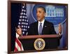 President Barack Obama at a News Conference, Brady Press Briefing Room-Dennis Brack-Framed Photographic Print