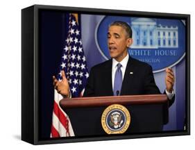 President Barack Obama at a News Conference, Brady Press Briefing Room-Dennis Brack-Framed Stretched Canvas