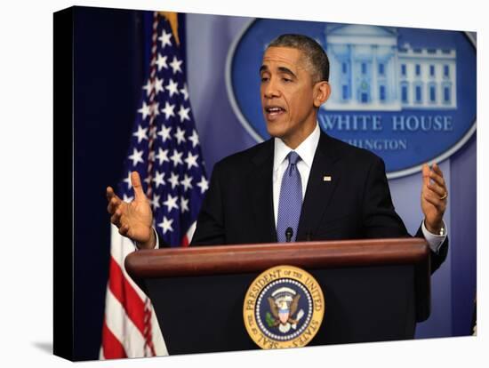 President Barack Obama at a News Conference, Brady Press Briefing Room-Dennis Brack-Stretched Canvas