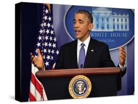 President Barack Obama at a News Conference, Brady Press Briefing Room-Dennis Brack-Stretched Canvas