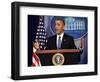 President Barack Obama at a News Conference, Brady Press Briefing Room-Dennis Brack-Framed Photographic Print