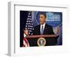 President Barack Obama at a News Conference, Brady Press Briefing Room-Dennis Brack-Framed Photographic Print