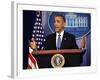 President Barack Obama at a News Conference, Brady Press Briefing Room-Dennis Brack-Framed Photographic Print