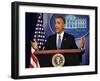 President Barack Obama at a News Conference, Brady Press Briefing Room-Dennis Brack-Framed Photographic Print