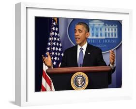 President Barack Obama at a News Conference, Brady Press Briefing Room-Dennis Brack-Framed Photographic Print