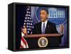 President Barack Obama at a News Conference, Brady Press Briefing Room-Dennis Brack-Framed Stretched Canvas