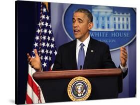 President Barack Obama at a News Conference, Brady Press Briefing Room-Dennis Brack-Stretched Canvas