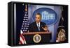 President Barack Obama at a News Conference, Brady Press Briefing Room-Dennis Brack-Framed Stretched Canvas